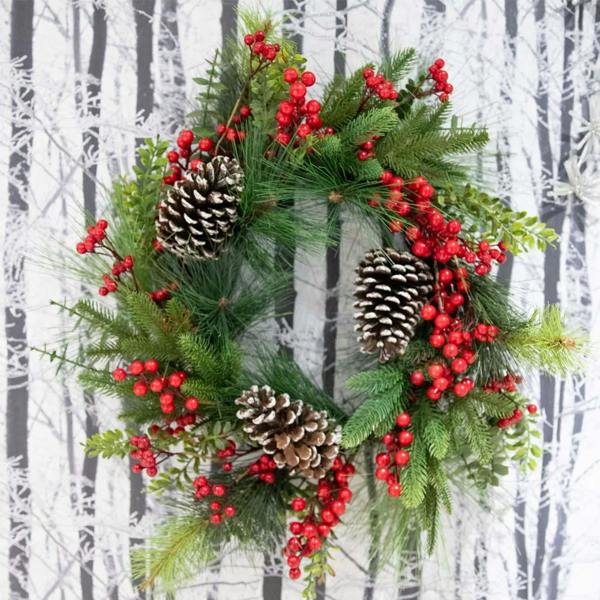 60cm Red Berry and Pine Cone Artificial Wreath for Front Door, Wall or Indoor Seasonal Display image 4