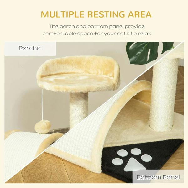 Beige cat tree tower with cushioned perch, ramp, and bottom scratching panel