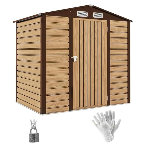 Oak 4x6 ft metal garden shed with double doors, vents, and lock hardware