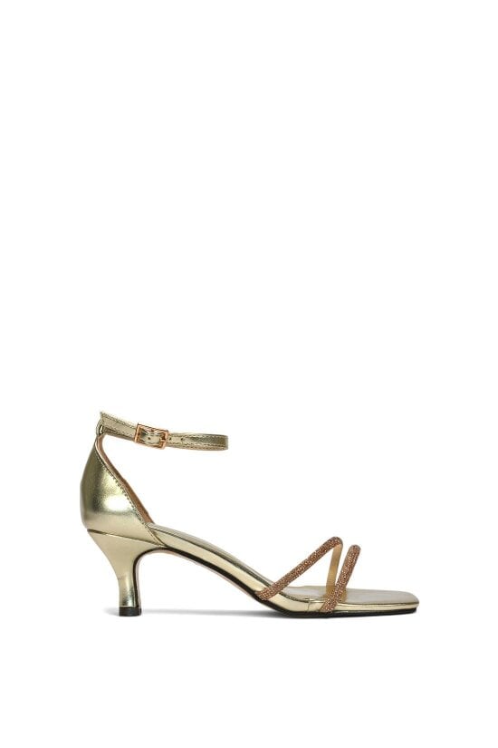 XY LONDON Diamante Kitten Heel Ankle Strap Sandals - Gold