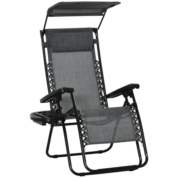 Light grey reclining garden chair with headrest, mesh fabric, and foldable metal frame