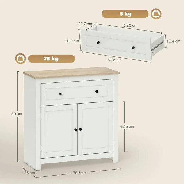 Sideboard Storage Cabinet, Modern Kitchen Cupboard with Adjustable Shelf, Drawer and Double Doors, Cream White