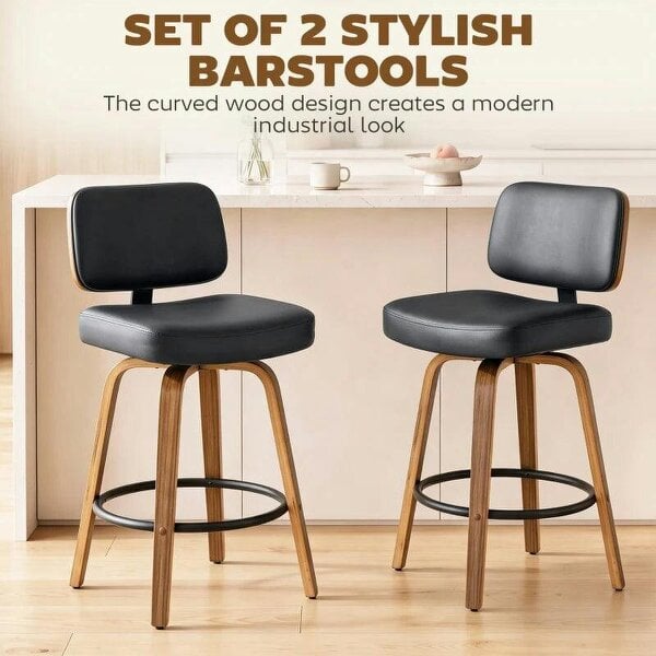 Bar Stools 360° Swivel Breakfast Bar Stools Padded PU Seat Footrest Set of 2 Black