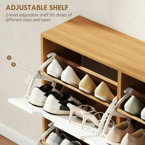 Natural wood shoe cabinet with adjustable shelf and flip dividers, open interior