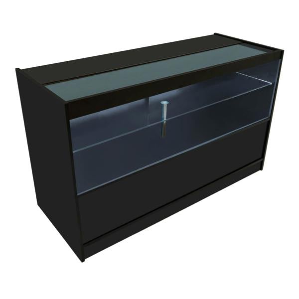 Europa LED Shop Counter Set in black, featuring a sleek design with a glass top and illuminated display area for showcasing products