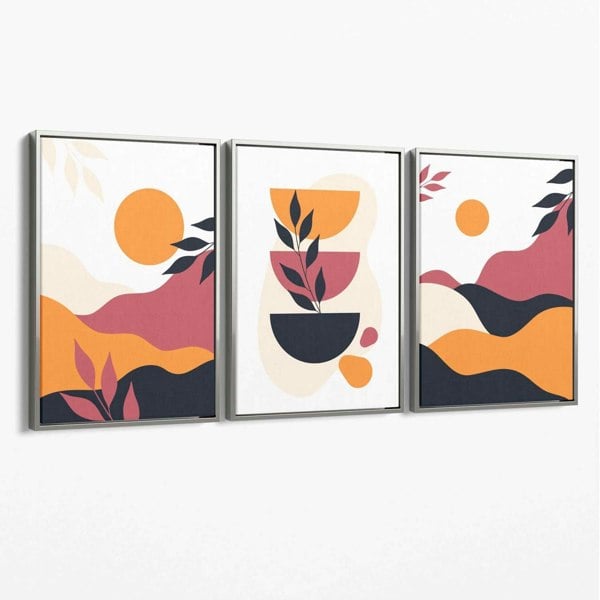 Boho Vibrant Pink Orange Set of 3 Canvas Art Prints with Silver Float Frame