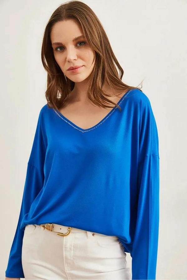 Hoxton Gal V-Neck Viscose Blouse with Silver Stitching Details