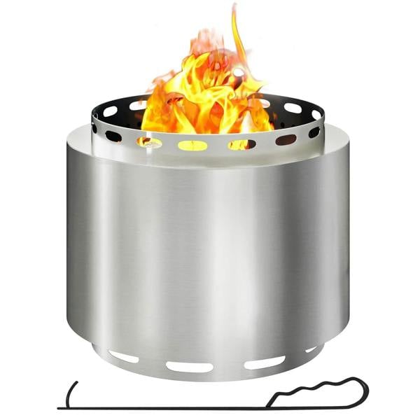 Silver stainless steel portable fire pit with circular vented bowl and visible flames