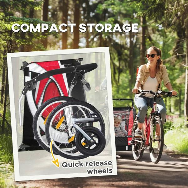 Red baby bike trailer with front wheel and quick-release style mounting