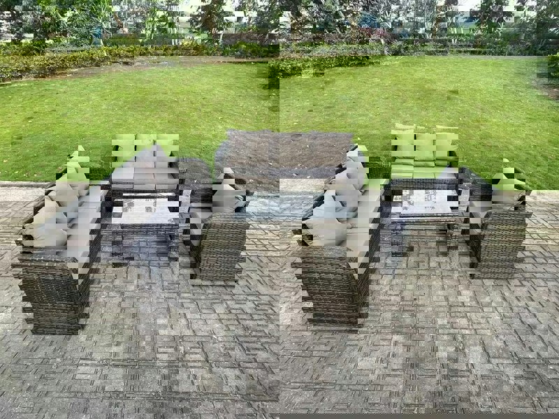 Fimous 7 Seater Dark Grey PE Wicker High Back Rattan Garden Furniture Set Reclining Chair Lounge 3 Seater Sofa Set Outdoor Rectangular Coffee Table