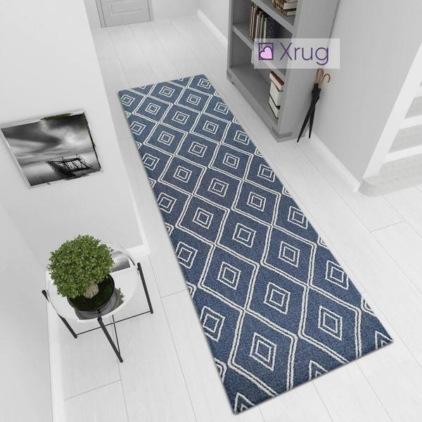 Runner Rug Geometric 100% Cotton Washable Woven Carpet Natural Diamond Patterned Mat - 75x300cm - Navy Runner