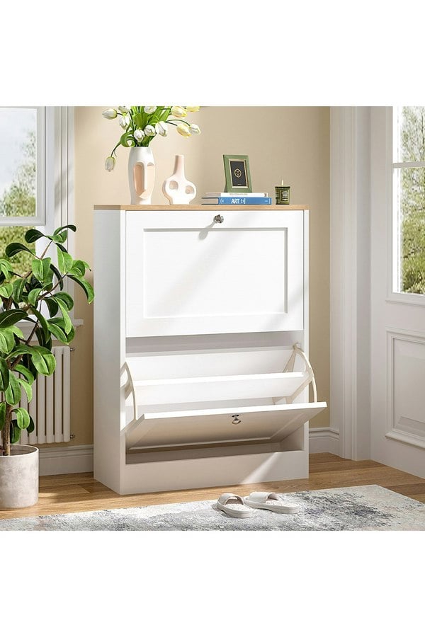 Living and Home Wooden 2 Drawer Flip Down Shoe Cabinet White