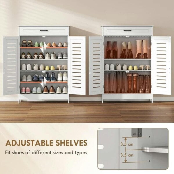 Bobobiy Shoe Cabinet with Louvered Doors, Modern Shoe Storage Cabinet with Drawer and Adjustable Shelves, White