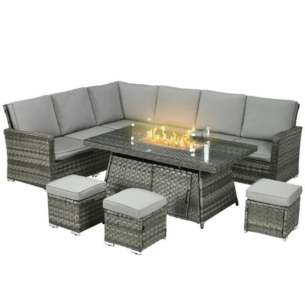 Grey rattan firepit sofa set with central glass fire table, cushioned seats, and ottomans