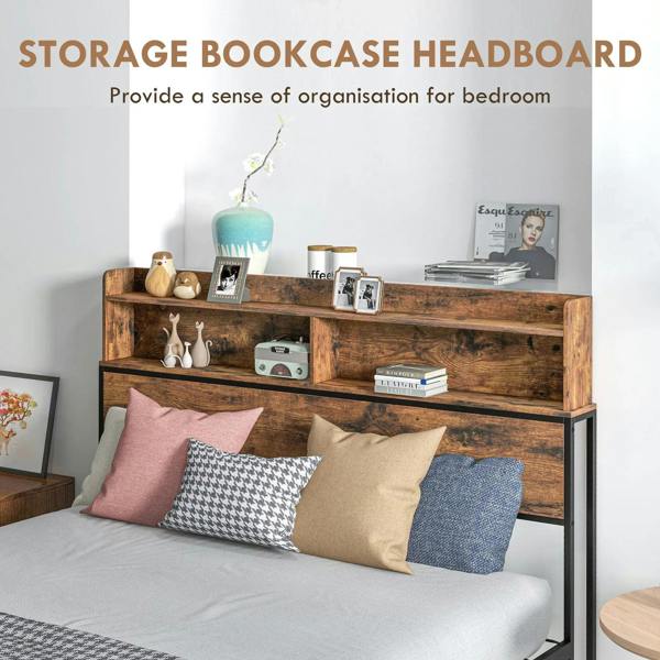 Industrial storage headboard bookcase-style double bed frame in rustic brown with steel sides
