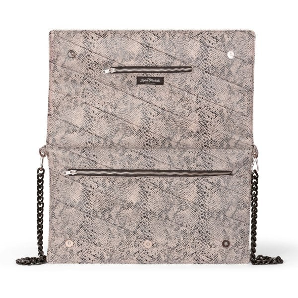 Snake print quilted laptop clutch bag with chain strap on a white background. Showing the inside with 2 zippers.