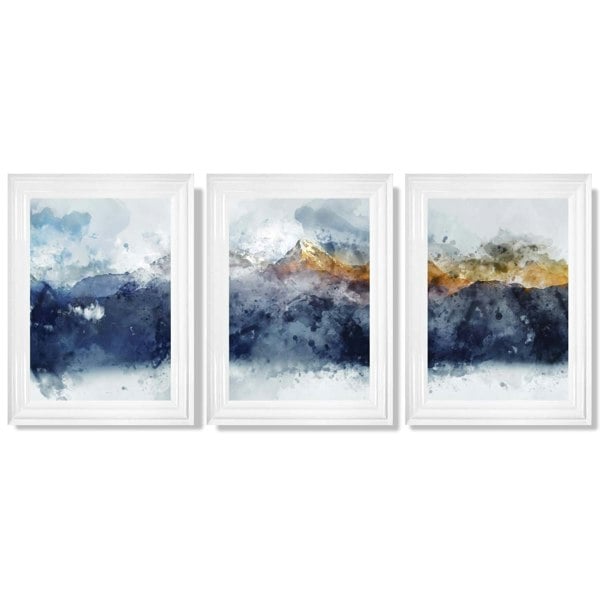 Artze Wall Art Framed Set of 3 Blue Yellow Mountain Art Prints