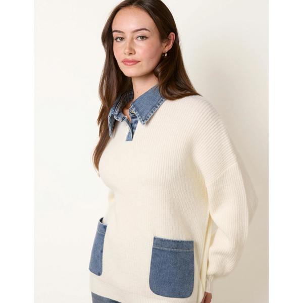 Blue Vanilla Denim Collar And Pocket Detailed Jumper
