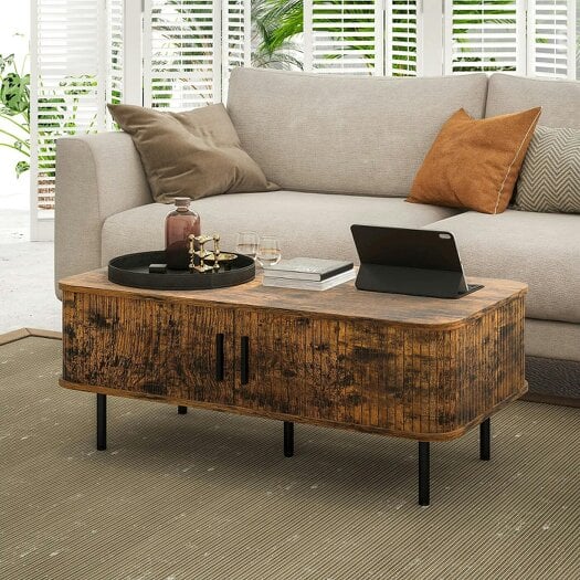 Bobobiy Coffee Table with Storage, Rectangular Coffee Table with Elevated Base, Rustic Brown