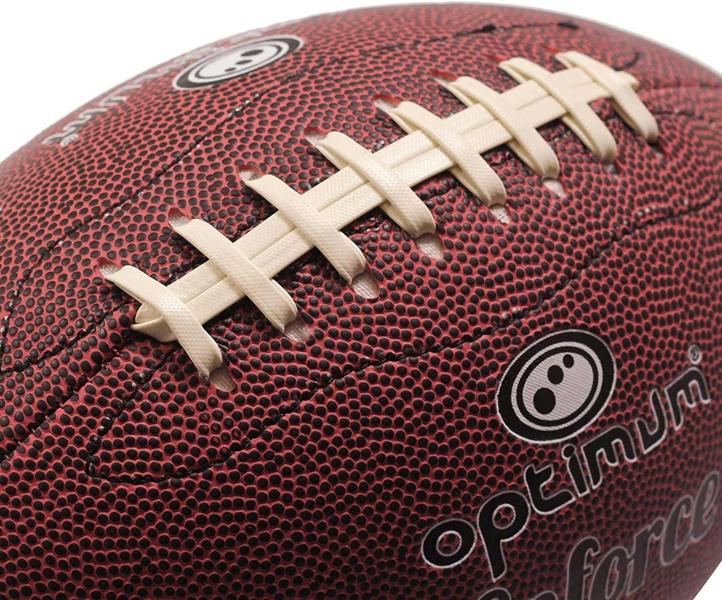 Close-up of maroon Optimum Enforce American football laces and logo - Optimum