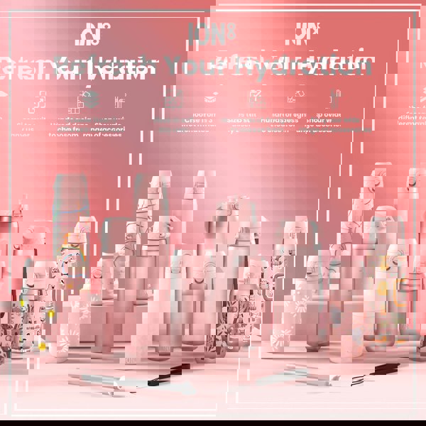 Pink water bottles, various sizes and designs, displayed on a pink surface; accompanying text advertises material choices, sizing, design options, and accessories.