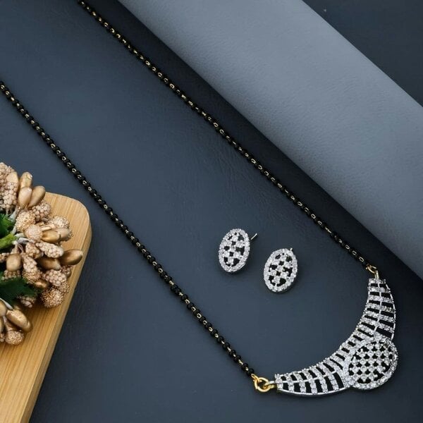 The Colourful Aura Indian Nazaria Silver Zircon Dangle Mangalsutra Black Beads Earring and Pendant Necklace