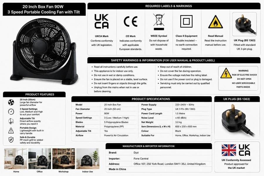 Dyzi 20 Inch Box Fan 90W 3 Speed Portable Cooling Fan with Tilt