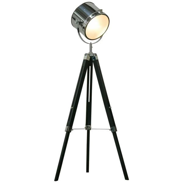 Adjustable searchlight floor lamp with chrome head and black tripod legs