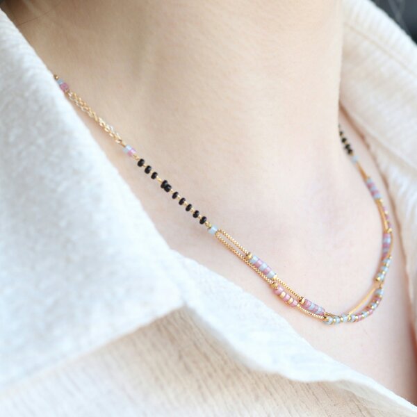 The Colourful Aura Two Layer Gold Pink Grey Seed Bead Indian Traditional Mangalsutra Necklace