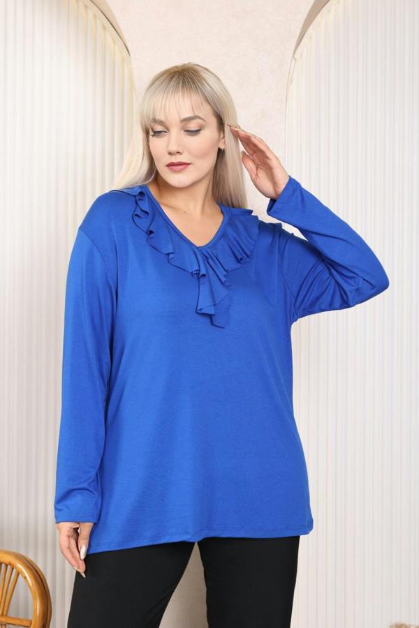 Hoxton Gal Relaxed Fit Long Sleeve Elegant Blouse with Ruffle Neckline