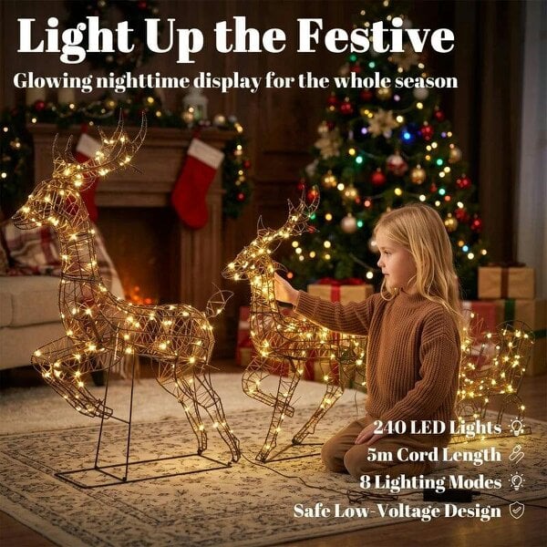 Bobobiy 3-Piece Lighted Reindeer and Sleigh Set, PP Rattan Outdoor Christmas Decoration with LEDs, 8 Modes, Daily Timer