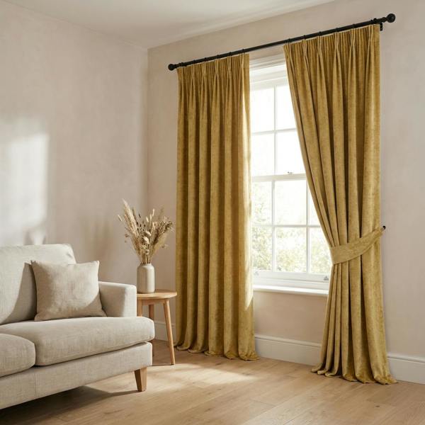 Castello made-to-measure curtains in Corn, styled in a living room