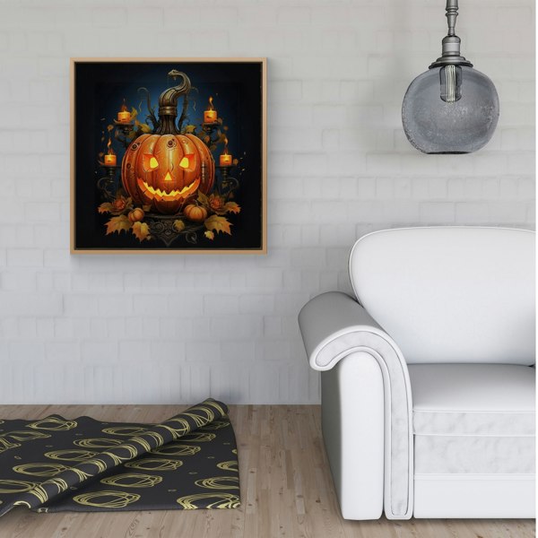 Warren Reed Spooky Pumpkin With Leaves And Small Candles Framed Canvas