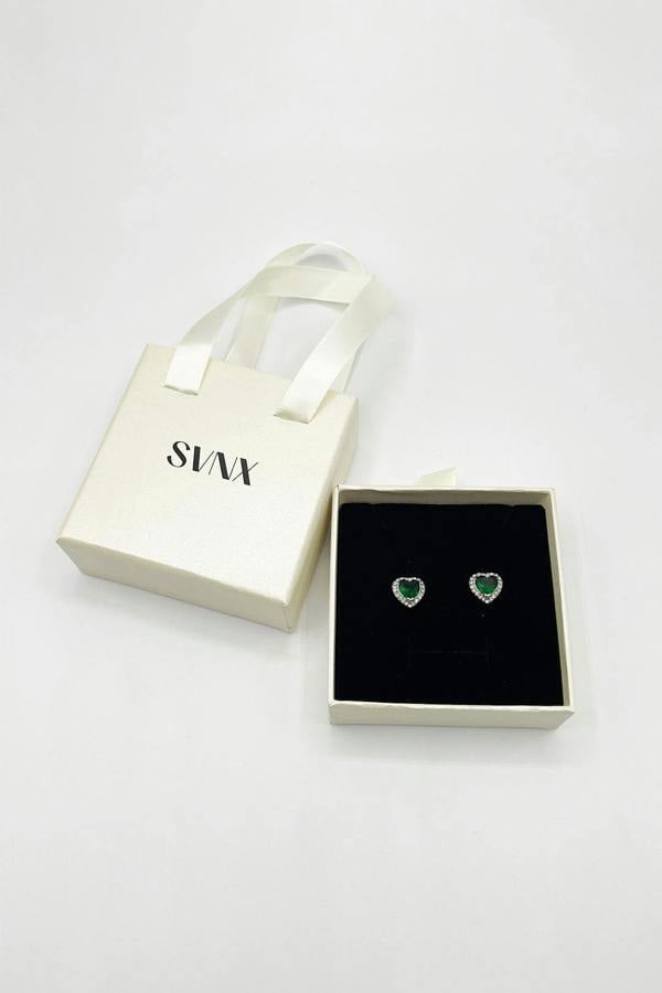 SVNX Emerald Green Diamante Heart Earrings in Silver - Gift Boxed