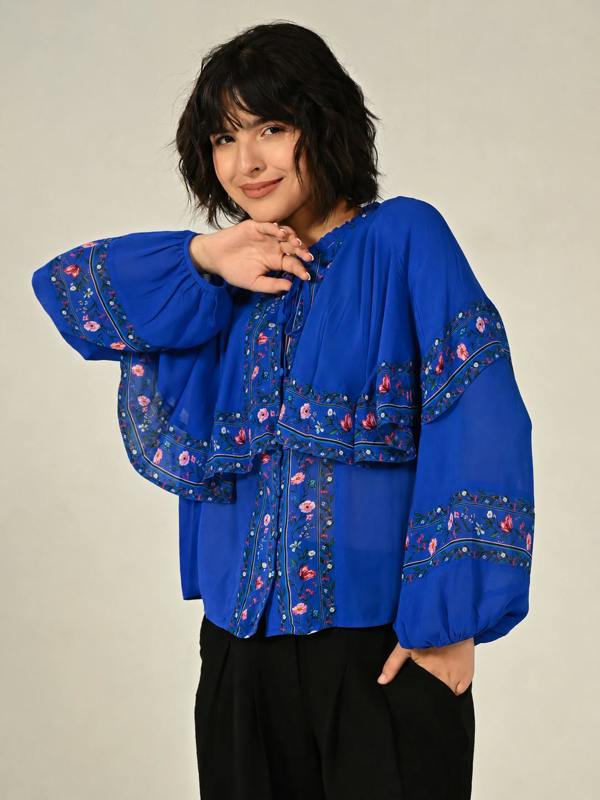 Rose & Nancy Tory Blue Floral Cape Blouse