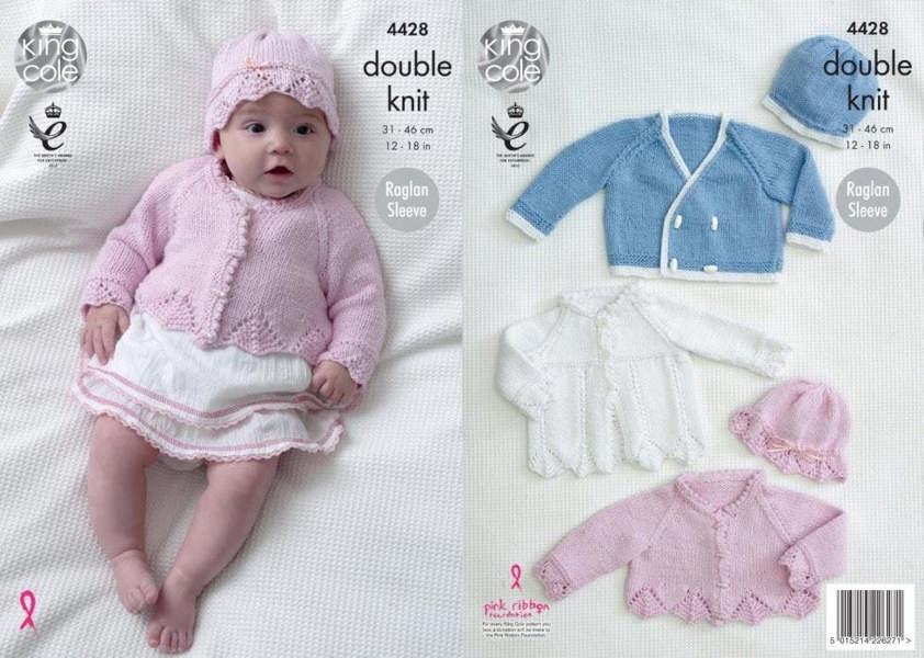 King Cole Cottonsoft Knitting Pattern 4428, Coats, Headwear, Jackets, Cardigans for Baby, 12 inch - 18 inch - Advanced