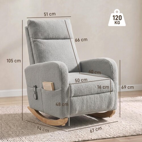 HOMCOM Modern High Back Sherpa Fleece Leisure Rocking Chair, Light Grey