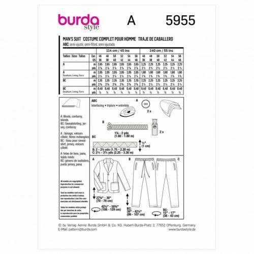 Burda Sewing Pattern 5955 Suits, Jackets and Trousers For Men, 36-46 (46-56) - Intermediate
