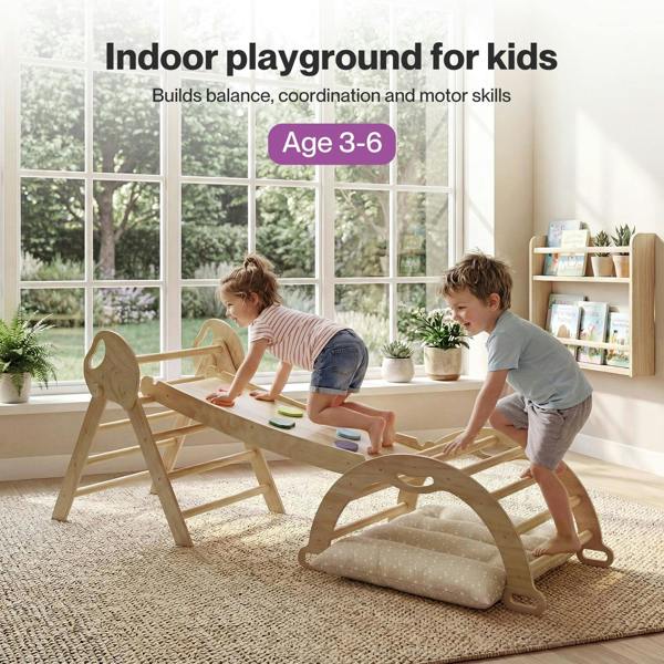 DEKKO 8 in 1 Triangle Climbing Set Kids Wooden Climber with Arch Slide Cushion