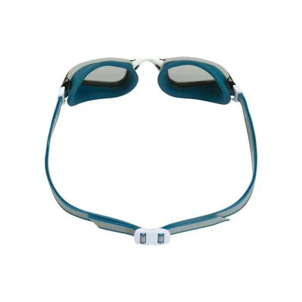 Blue and white Aqua Sphere Fastlane goggles with tinted lens and silver accents