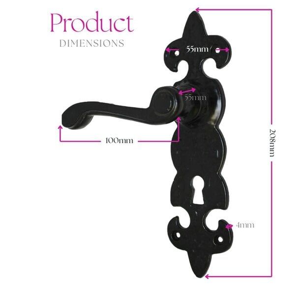 EDH Door Hardware Black Cast Iron Fleur-de-Lys Door Handles – Lever Latch, Bathroom Lock & 3 Lever Lock Sets