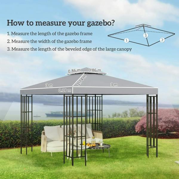 Light grey double-tier gazebo top cover replacement over open-sided gazebo