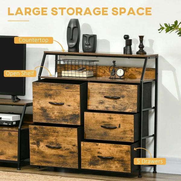 Industrial dresser with open shelf and countertop, rustic brown drawers with black metal frame