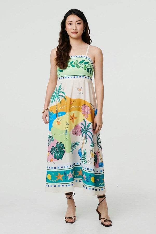 Green | Printed Sleeveless Empire Midi Dress
