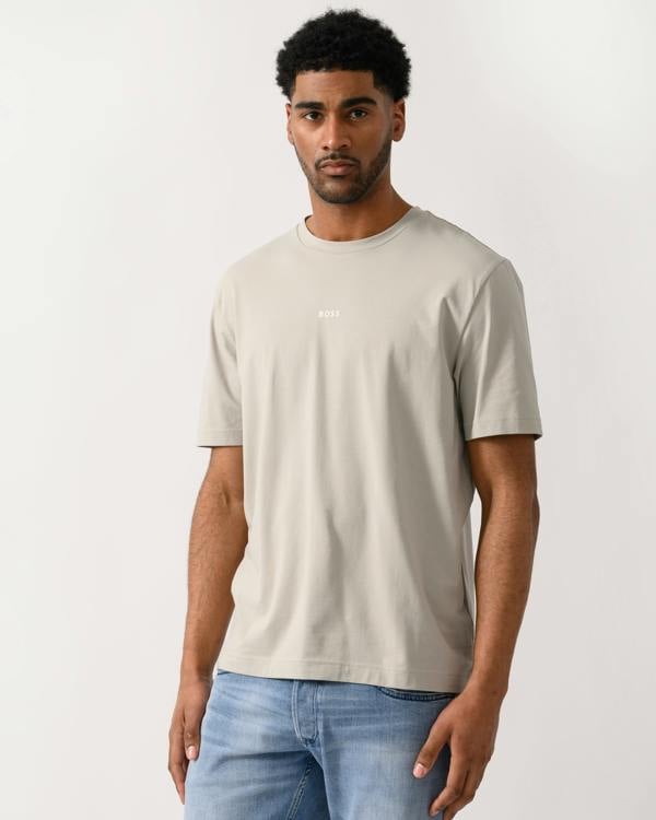 model wearing a BOSS Orange TChup Mens Crew Neck Small Logo T-Shirt in Open Grey 070