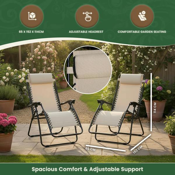 Reclining Garden Chairs – Set of 2 Folding Sun Loungers with Lockable Positions, Adjustable Headrest & Weatherproof Textoline, Beige