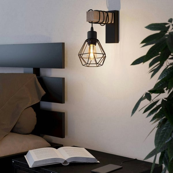 EGLO Townshend 5 Black/Natural Wood Wall Light - Vintage Industrial Style (D) 24cm