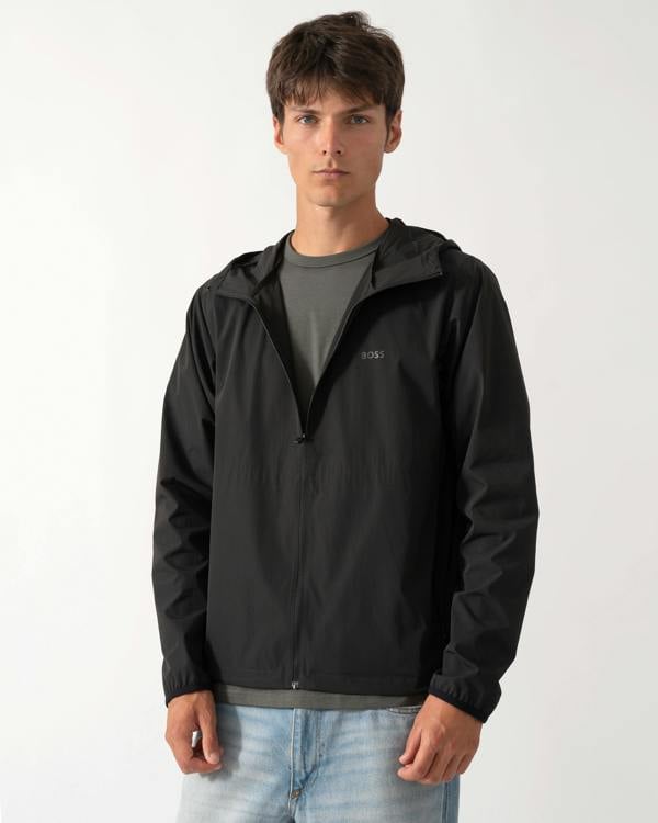 model wearing a BOSS Green Airynix Mens Hooded Jacket in Black 001