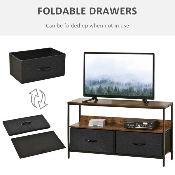 TV stand cabinet with foldable drawers, rustic brown top, open shelf, gray drawer fronts