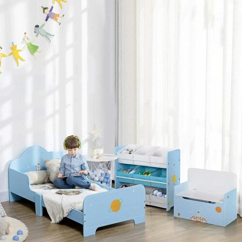 Bobobiy ZONEKIZ Space Themed Toddler Bed, Kids Bedroom Furniture, with Safety Rails - Blue